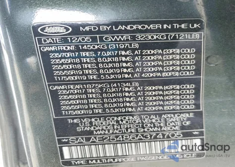 2006 Land Rover Lr3 Se from USA, damaged, VIN SALAE25486A374705